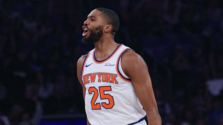Apr 18, 2026; New York, New York, USA; New York Knicks guard Mikal Bridges (25) reacts after a basket with guard Josh Hart (3) during the first half of the 2026 NBA Playoffs against the Atlanta Hawks at Madison Square Garden. Mandatory Credit: Vincent Carchietta-Imagn Images