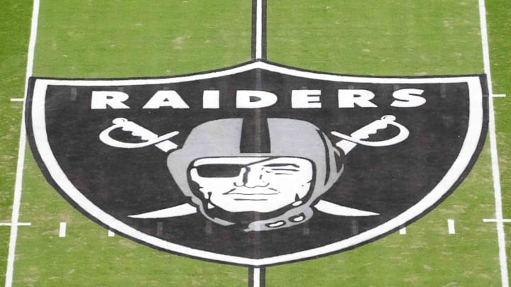 Jan 4, 2026; Paradise, Nevada, USA; The Las Vegas Raiders shield logo at midfield at Allegiant Stadium. Mandatory Credit: Kirby Lee-Imagn Images Jan 4, 2026; Paradise, Nevada, USA; The Las Vegas Raiders shield logo at midfield at Allegiant Stadium. Mandatory Credit: Kirby Lee-Imagn Images