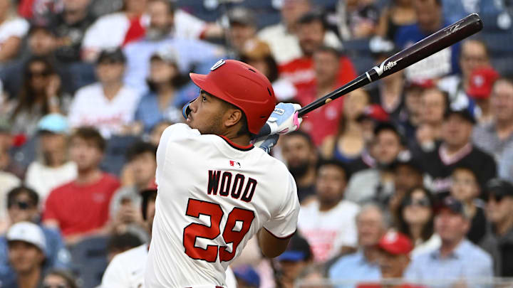Jun 3, 2025; Washington, District of Columbia, USA; Washington Nationals left fielder James Wood (29) hits a RBI sacrifice fly against the Chicago Cubs during the third inning at Nationals Park.