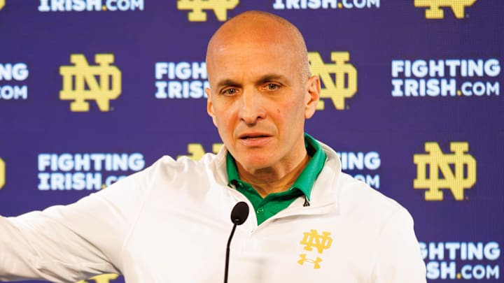 Notre Dame athletic director Pete Bevacqua speaks with media at Notre Dame Stadium on Monday, Dec. 17, 2024, in South Bend.
