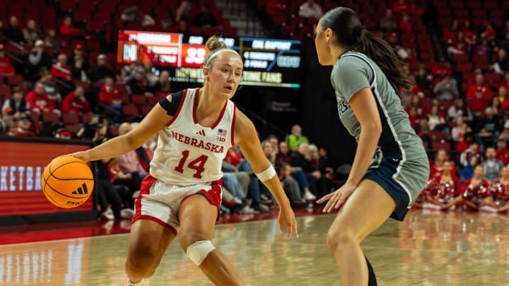 Nebraska guard Callin Hake dribbles the ball against Cal Baptist.
