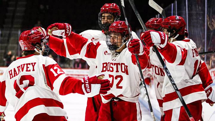 Boston University hockey players celebrate during a 7-2 victory over Maine at Agganis Arena in Oct, 30, 2026. Boston University hockey players celebrate during a 7-2 victory over Maine at Agganis Arena in Oct, 30, 2026.