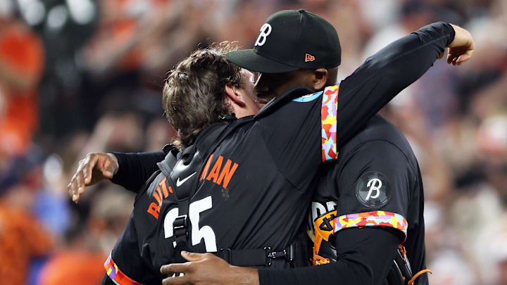 May 2, 2025; Baltimore, Maryland, USA; Baltimore Orioles pitcher Felix Bautista (74) and Baltimore Orioles catcher Adley Rutschman (35) hug after a game against the Kansas City Royals at Oriole Park at Camden Yards. Mandatory Credit: Daniel Kucin Jr.-Imagn Images May 2, 2025; Baltimore, Maryland, USA; Baltimore Orioles pitcher Felix Bautista (74) and Baltimore Orioles catcher Adley Rutschman (35) hug after a game against the Kansas City Royals at Oriole Park at Camden Yards. Mandatory Credit: Daniel Kucin Jr.-Imagn Images