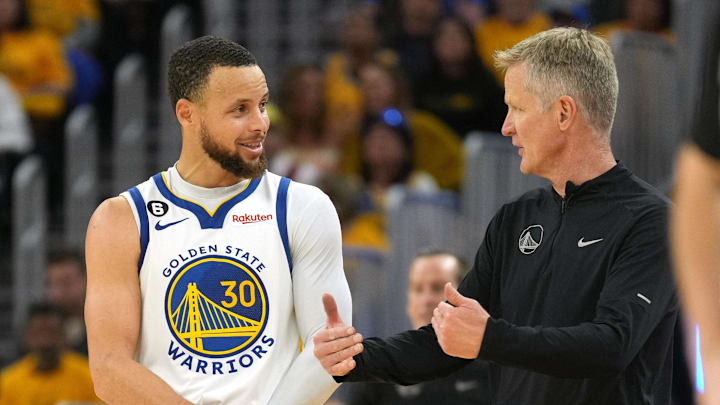 Apr 23, 2023; San Francisco, California, USA; Golden State Warriors guard Stephen Curry (30) talks with head coach Steve Kerr during the third quarter of game four of the 2023 NBA playoffs against the Sacramento Kings at Chase Center. Mandatory Credit: Darren Yamashita-Imagn Images Apr 23, 2023; San Francisco, California, USA; Golden State Warriors guard Stephen Curry (30) talks with head coach Steve Kerr during the third quarter of game four of the 2023 NBA playoffs against the Sacramento Kings at Chase Center. Mandatory Credit: Darren Yamashita-Imagn Images
