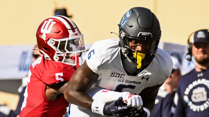 Indiana Hoosiers defensive back D'Angelo Ponds (5) defends a pass intended for Old Dominion Monarchs wide receiver Ja'Cory Thomas (6) during the second half at Memorial Stadium. 