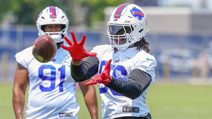 Buffalo Bills defensive end Javon Solomon (56) makes a catch during Minicamp at Highmark Stadium. Buffalo Bills defensive end Javon Solomon (56) makes a catch during Minicamp at Highmark Stadium.