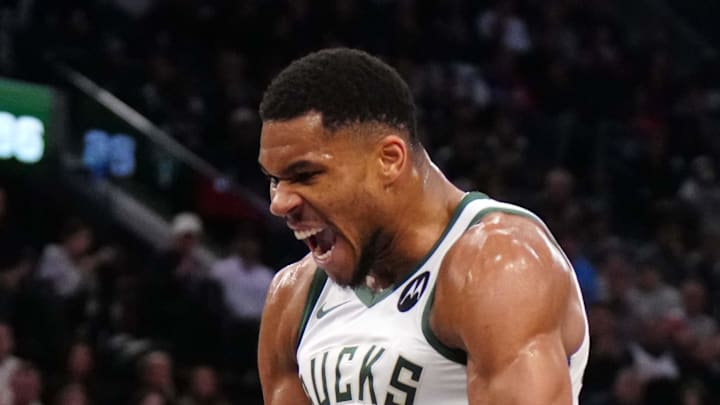 Jan 25, 2025; Inglewood, California, USA; Milwaukee Bucks forward Giannis Antetokounmpo (34) celebrates against the LA Clippers in the second half at Intuit Dome. Mandatory Credit: Kirby Lee-Imagn Images Jan 25, 2025; Inglewood, California, USA; Milwaukee Bucks forward Giannis Antetokounmpo (34) celebrates against the LA Clippers in the second half at Intuit Dome. Mandatory Credit: Kirby Lee-Imagn Images
