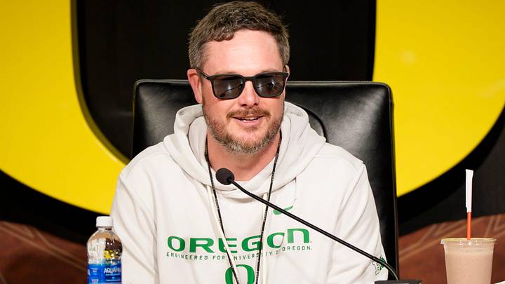 Oregon head coach Dan Lanning speaks from the podium at the Hatfield-Dowlin Complex on the first day of spring practice for the Oregon Ducks on March 12, 2026, in Eugene, Oregon. Oregon head coach Dan Lanning speaks from the podium at the Hatfield-Dowlin Complex on the first day of spring practice for the Oregon Ducks on March 12, 2026, in Eugene, Oregon.