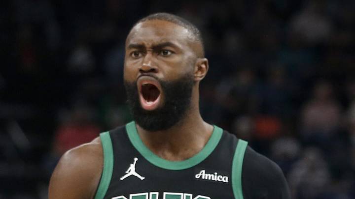 Mar 20, 2026; Memphis, Tennessee, USA; Boston Celtics guard Jaylen Brown (7) and forward Jayson Tatum (0) react during the third quarter against the Memphis Grizzliesat FedExForum. Mandatory Credit: Petre Thomas-Imagn Images