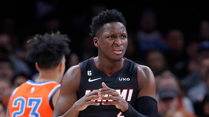 Dec 14, 2022; Oklahoma City, Oklahoma, USA; Miami Heat guard Victor Oladipo (4) gestures after a play against the Oklahoma City Thunder during the second quarter at Paycom Center. Dec 14, 2022; Oklahoma City, Oklahoma, USA; Miami Heat guard Victor Oladipo (4) gestures after a play against the Oklahoma City Thunder during the second quarter at Paycom Center.