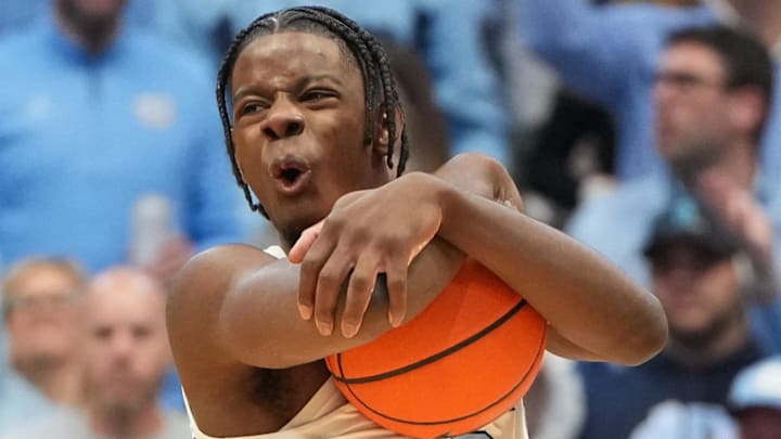 Feb 7, 2026; Chapel Hill, North Carolina, USA; North Carolina Tar Heels forward Caleb Wilson (8) reacts in the second  half at Dean E. Smith Center. Mandatory Credit: Bob Donnan-Imagn Images