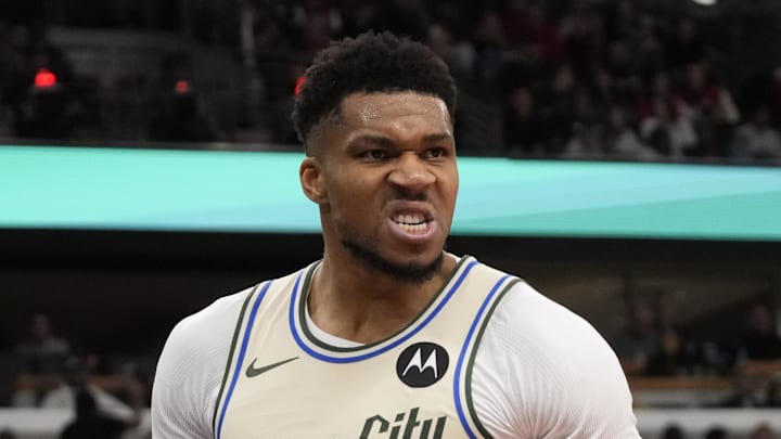Dec 27, 2025; Chicago, Illinois, USA; Milwaukee Bucks forward Giannis Antetokounmpo (34) reacts after scoring against the Chicago Bulls during the second half at United Center. Mandatory Credit: David Banks-Imagn Images