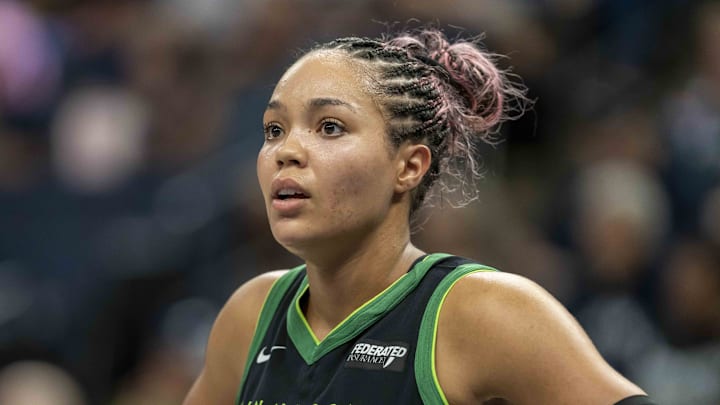 Sep 14, 2025; Minneapolis, Minnesota, USA; Minnesota Lynx forward Napheesa Collier (24) looks on against the Golden State Valkyries in the second half during game one of round one for the 2025 WNBA Playoffs at Target Center. Mandatory Credit: Jesse Johnson-Imagn Images