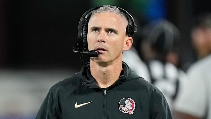 Dec 2, 2023; Charlotte, NC, USA; Florida State Seminoles head coach Mike Norvell walks the sidelines during the third quarter against the Louisville Cardinals at Bank of America Stadium. Mandatory Credit: Jim Dedmon-Imagn Images Dec 2, 2023; Charlotte, NC, USA; Florida State Seminoles head coach Mike Norvell walks the sidelines during the third quarter against the Louisville Cardinals at Bank of America Stadium. Mandatory Credit: Jim Dedmon-Imagn Images