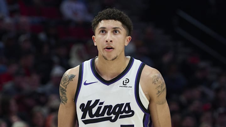 Apr 12, 2026; Portland, Oregon, USA; Sacramento Kings guard Nique Clifford (5) waits during a break during the second half in a game against the Portland Trail Blazers at Moda Center. Mandatory Credit: Troy Wayrynen-Imagn Images