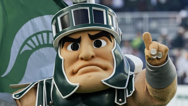 Aug 29, 2025; East Lansing, Michigan, USA; Sparty, the mascot of the Michigan State Spartans takes the field at Spartan Stadium. Aug 29, 2025; East Lansing, Michigan, USA; Sparty, the mascot of the Michigan State Spartans takes the field at Spartan Stadium.