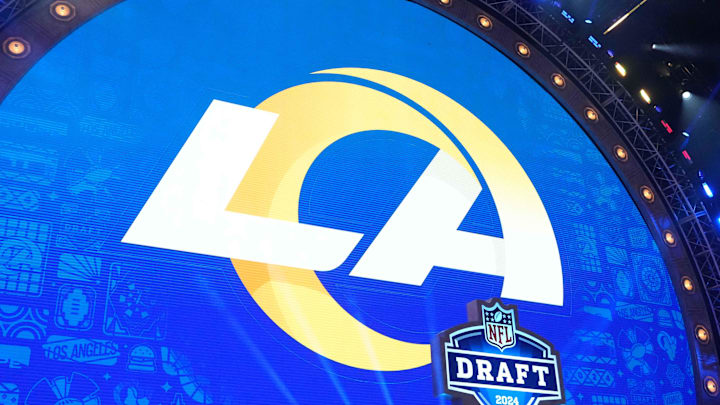 Apr 25, 2024; Detroit, MI, USA; A Los Angeles Rams logo at the 2024 NFL Draft at Campus Martius Park and Hart Plaza. Mandatory Credit: Kirby Lee-Imagn Images