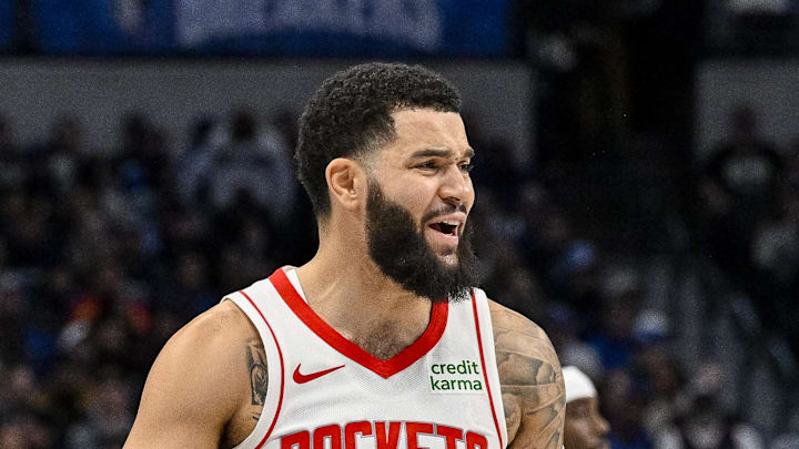 Nov 28, 2023; Dallas, Texas, USA; Houston Rockets guard Fred VanVleet (5) reacts to a foul call against the Dallas Mavericks during the first quarter at the American Airlines Center. Mandatory Credit: Jerome Miron-Imagn Images