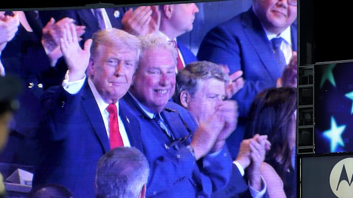 Sep 11, 2025; Bronx, New York, USA; President of the united states Donald Trump is shown on the video board before the singing of god bless america during the seventh inning between the Detroit Tigers and the New York Yankees at Yankee Stadium. Mandatory Credit: Brad Penner-Imagn Images Sep 11, 2025; Bronx, New York, USA; President of the united states Donald Trump is shown on the video board before the singing of god bless america during the seventh inning between the Detroit Tigers and the New York Yankees at Yankee Stadium. Mandatory Credit: Brad Penner-Imagn Images