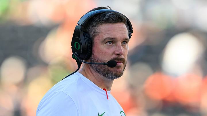 Sep 14, 2024; Corvallis, Oregon, USA; Oregon Ducks head coach Dan Lanning looks toward the scoreboard during the second half against the Oregon State Beavers at Reser Stadium. Mandatory Credit: Craig Strobeck-Imagn Images Sep 14, 2024; Corvallis, Oregon, USA; Oregon Ducks head coach Dan Lanning looks toward the scoreboard during the second half against the Oregon State Beavers at Reser Stadium. Mandatory Credit: Craig Strobeck-Imagn Images