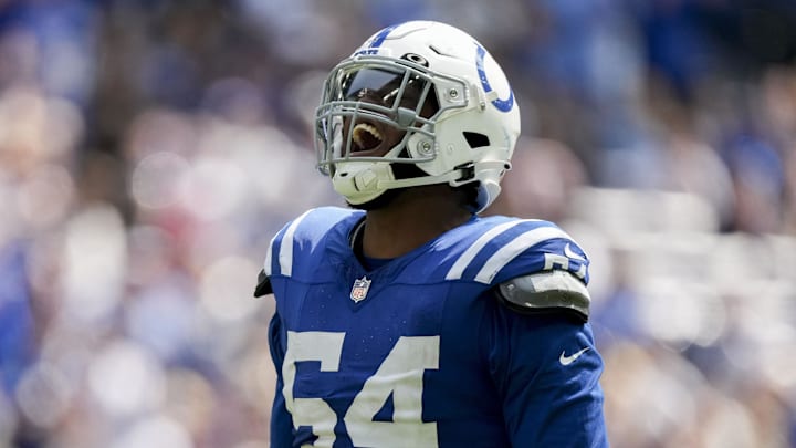 Sep 8, 2024; Indianapolis, Indiana, USA; Indianapolis Colts defensive end Dayo Odeyingbo (54) reacts after sacking Houston Texans quarterback C.J. Stroud (7) on Sunday, Sept. 8, 2024, during a game against the Houston Texans at Lucas Oil Stadium. Mandatory Credit: Grace Hollars/USA TODAY Network via Imagn Images Sep 8, 2024; Indianapolis, Indiana, USA; Indianapolis Colts defensive end Dayo Odeyingbo (54) reacts after sacking Houston Texans quarterback C.J. Stroud (7) on Sunday, Sept. 8, 2024, during a game against the Houston Texans at Lucas Oil Stadium. Mandatory Credit: Grace Hollars/USA TODAY Network via Imagn Images