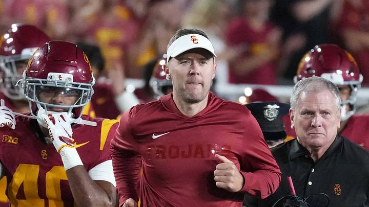 Sep 4, 2026; Los Angeles, California, USA; Southern California Trojans head coach Lincoln Riley leaves the field against the Fresno State Bulldogs in the first half at United Airlines Field at Los Angeles Memorial Coliseum Sep 4, 2026; Los Angeles, California, USA; Southern California Trojans head coach Lincoln Riley leaves the field against the Fresno State Bulldogs in the first half at United Airlines Field at Los Angeles Memorial Coliseum