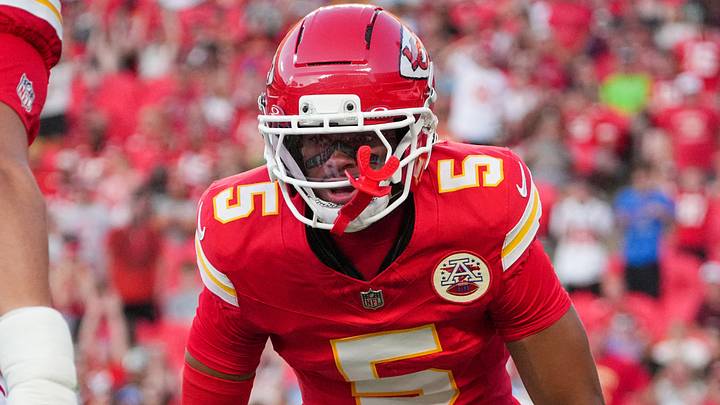 Aug 28, 2026; Kansas City, Missouri, USA; Kansas City Chiefs cornerback Mansoor Delane (5) celebrates with defensive end George Karlaftis (56) after a play against the Seattle Seahawks during the first half of the game at Arrowhead Stadium. Mandatory Credit: Denny Medley-Imagn Images Aug 28, 2026; Kansas City, Missouri, USA; Kansas City Chiefs cornerback Mansoor Delane (5) celebrates with defensive end George Karlaftis (56) after a play against the Seattle Seahawks during the first half of the game at Arrowhead Stadium. Mandatory Credit: Denny Medley-Imagn Images