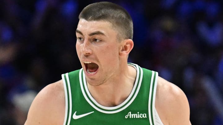 Apr 24, 2026; Philadelphia, Pennsylvania, USA; Boston Celtics guard Payton Pritchard (11) reacts after a three point basket against the Philadelphia 76ers during the second half at Xfinity Mobile Arena. Mandatory Credit: Eric Hartline-Imagn Images