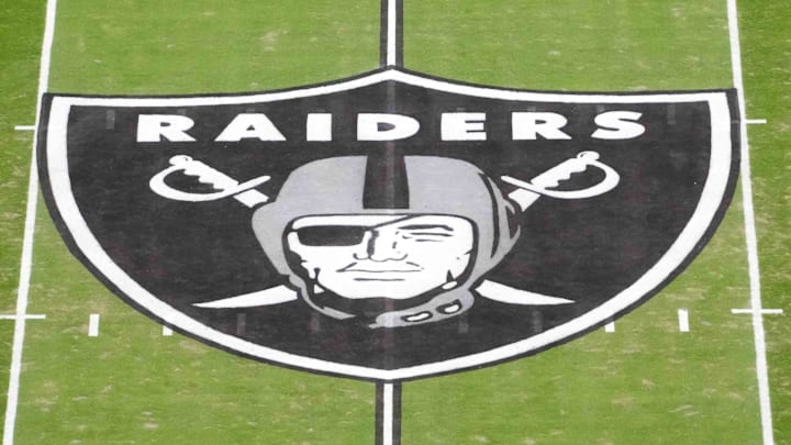 Jan 4, 2026; Paradise, Nevada, USA; The Las Vegas Raiders shield logo at midfield at Allegiant Stadium. Mandatory Credit: Kirby Lee-Imagn Images