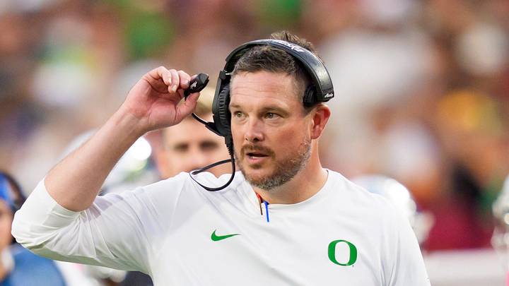 Oregon head coach Dan Lanning walks the sideline as the Oregon Ducks face the USC Trojans on Sept. 26, 2026, at Los Angeles Memorial Coliseum in Los Angeles, California.