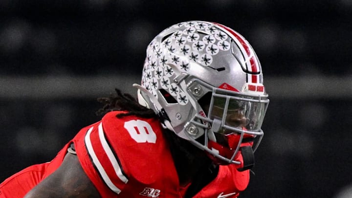 Dec 31, 2025; Arlington, TX, USA; Ohio State Buckeyes linebacker Arvell Reese (8) gets into position during the 2025 Cotton Bowl and quarterfinal game of the College Football Playoff at AT&T Stadium. Mandatory Credit: Jerome Miron-Imagn Images