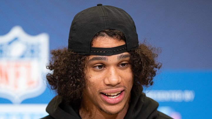 Feb 27, 2026; Indianapolis, IN, USA; Arizona State wideout Jordyn Tyson (WO40) speaks to members of the media during the NFL Combine at the Indiana Convention Center. Mandatory Credit: Jacob Musselman-Imagn Images