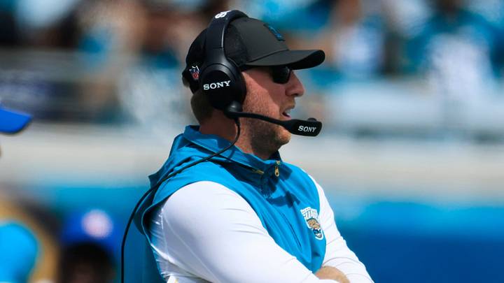 Jacksonville Jaguars head coach Liam Coen looks on during the first quarter of an NFL football matchup at EverBank Stadium, Sunday, Sept. 21, 2025, in Jacksonville, Fla. The Jaguars defeated the Texans 17-10. The Jaguars defeated the Texans 17-10.