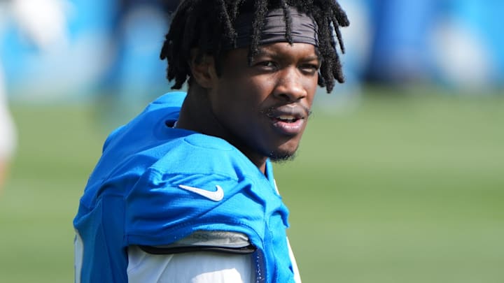 Detroit Lions WR Jameson Williams stretches during practice at the Lions Performance Center in Allen Park Detroit Lions WR Jameson Williams stretches during practice at the Lions Performance Center in Allen Park