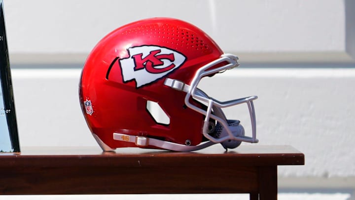 A Kansas City Chiefs helmet and the Vince Lombardi Trophy wait for President Joe Biden and the Super Bowl champion team during the Chiefs' visit to the White House on May 31, 2024. A Kansas City Chiefs helmet and the Vince Lombardi Trophy wait for President Joe Biden and the Super Bowl champion team during the Chiefs' visit to the White House on May 31, 2024.