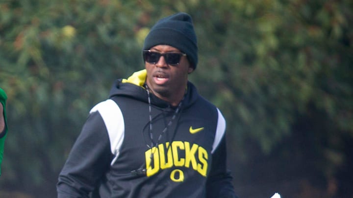 New co-defensive coordinator and safeties coach Chris Hampton, right, joins the first practice of spring for Oregon football as they prepare for the 2023 season.

Eug 031623 Uo Spring Fb 06