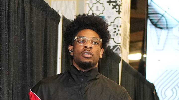 Portland Trail Blazers guard Scoot Henderson enters Frost Bank Center. Portland Trail Blazers guard Scoot Henderson enters Frost Bank Center.