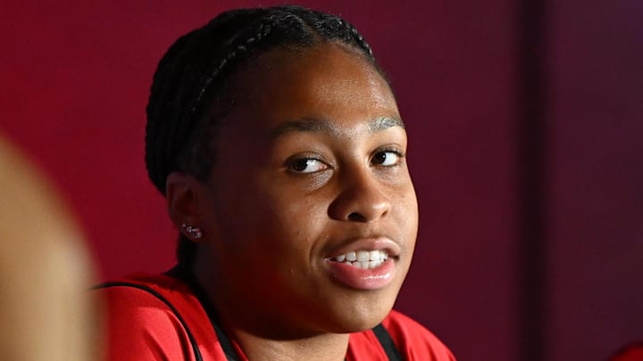 Oct 6, 2025; Charlotte, NC, USA; North Carolina State player Zoe Brooks answers questions from the media at The Hilton Charlotte Uptown. Mandatory Credit: William Howard-Imagn Images Oct 6, 2025; Charlotte, NC, USA; North Carolina State player Zoe Brooks answers questions from the media at The Hilton Charlotte Uptown. Mandatory Credit: William Howard-Imagn Images