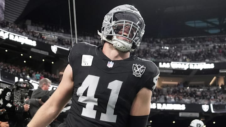 Dec 22, 2024; Paradise, Nevada, USA; Las Vegas Raiders linebacker Robert Spillane (41) enters the field before the game against the Jacksonville Jaguars at Allegiant Stadium. Mandatory Credit: Kirby Lee-Imagn Images