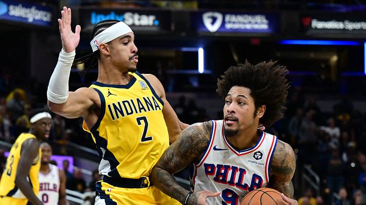 Oct 27, 2024; Indianapolis, Indiana, USA; Philadelphia 76ers guard Kelly Oubre Jr. (9) drives against Indiana Pacers guard Andrew Nembhard (2) during overtime at Gainbridge Fieldhouse. Mandatory Credit: Marc Lebryk-Imagn Images Oct 27, 2024; Indianapolis, Indiana, USA; Philadelphia 76ers guard Kelly Oubre Jr. (9) drives against Indiana Pacers guard Andrew Nembhard (2) during overtime at Gainbridge Fieldhouse. Mandatory Credit: Marc Lebryk-Imagn Images