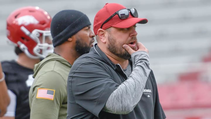 Arkansas Razorbacks tight end coach Morgan Turner at a spring practice in March inside Razorback Stadium in Fayetteville, Ark.