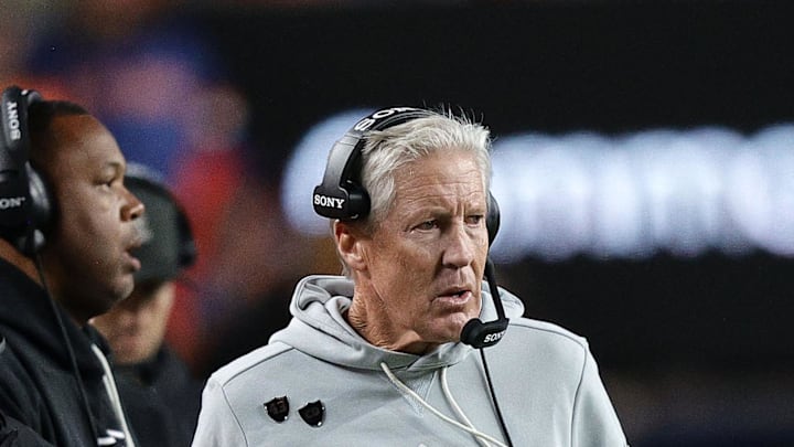 Nov 6, 2025; Denver, Colorado, USA; Las Vegas Raiders head coach Pete Carroll during the first half at Empower Field at Mile High. Mandatory Credit: Isaiah J. Downing-Imagn Images