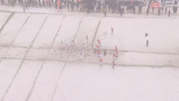 The Denver Broncos and New England Patriots line up during the fourth quarter of the AFC Championship game.