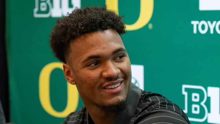 Oregon tight end Kenyon Sadiq talks with reporters during Oregon football’s Media Day on July 28, 2025, at Autzen Stadium in Eugene.