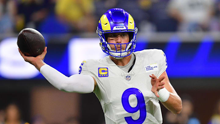 Oct 24, 2024; Inglewood, California, USA; Los Angeles Rams quarterback Matthew Stafford (9) throws against the Minnesota Vikings during the first half at SoFi Stadium. Mandatory Credit: Gary A. Vasquez-Imagn Images Oct 24, 2024; Inglewood, California, USA; Los Angeles Rams quarterback Matthew Stafford (9) throws against the Minnesota Vikings during the first half at SoFi Stadium. Mandatory Credit: Gary A. Vasquez-Imagn Images