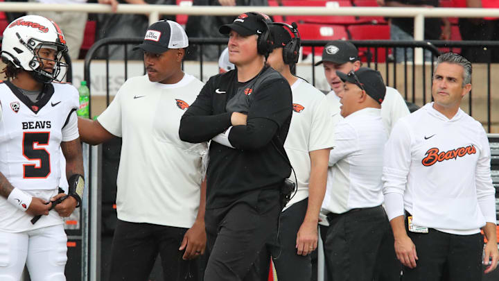 Sep 13, 2025; Lubbock, Texas, USA;  Oregon State Beavers head coach Trent Bray on the sidelines in the first half against the Texas Tech Red Raiders at Jones AT&T Stadium. Mandatory Credit: Michael C. Johnson-Imagn Images