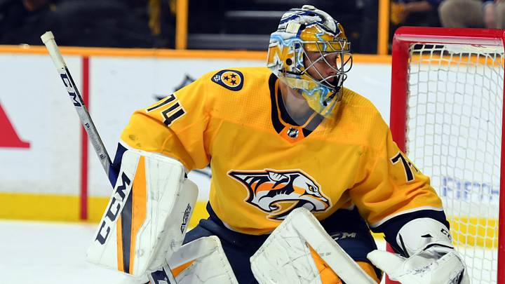 Jan 30, 2018; Nashville, TN, USA; Nashville Predators goalie Juuse Saros (74) during the second period against the Chicago Blackhawks at Bridgestone Arena. Mandatory Credit: Christopher Hanewinckel-USA TODAY Sports Jan 30, 2018; Nashville, TN, USA; Nashville Predators goalie Juuse Saros (74) during the second period against the Chicago Blackhawks at Bridgestone Arena. Mandatory Credit: Christopher Hanewinckel-USA TODAY Sports