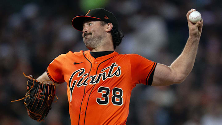 Aug 29, 2025; San Francisco, California, USA; San Francisco Giants starting pitcher Robbie Ray (38) delivers a pitch against the Baltimore Orioles during the second inning at Oracle Park. Mandatory Credit: D. Ross Cameron-Imagn Images