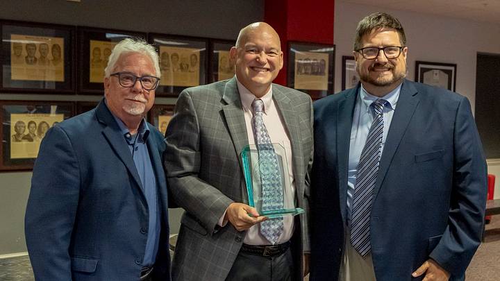Tommy Hicks (left) and Creg Stephenson (right) present Randy Kennedy the Bill Shelton Award at the Alabama Sports Writers Association awards banquet on June 16, 2026 at the Jacksonville State. Tommy Hicks (left) and Creg Stephenson (right) present Randy Kennedy the Bill Shelton Award at the Alabama Sports Writers Association awards banquet on June 16, 2026 at the Jacksonville State.