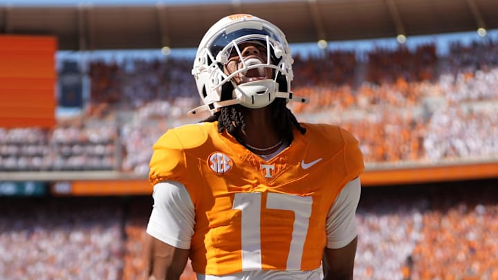 Tennessee wide receiver Chris Brazzell II (17) celebrates after scoring a touchdown against Georgia during an NCAA college football game on September 13, 2025, Knoxville, Tennessee.